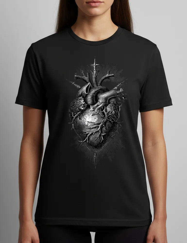 Sacred Heart No. 05 - Unisex Flaming Heart & Daggers Woodcut Tee | Seraphina Black Signature Series image 3