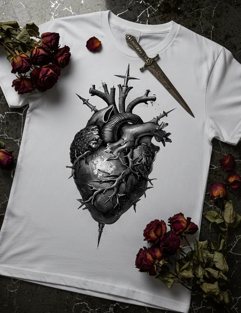 Sacred Heart No. 05 - Unisex Flaming Heart & Daggers Woodcut Tee | Seraphina Black Signature Series image 6