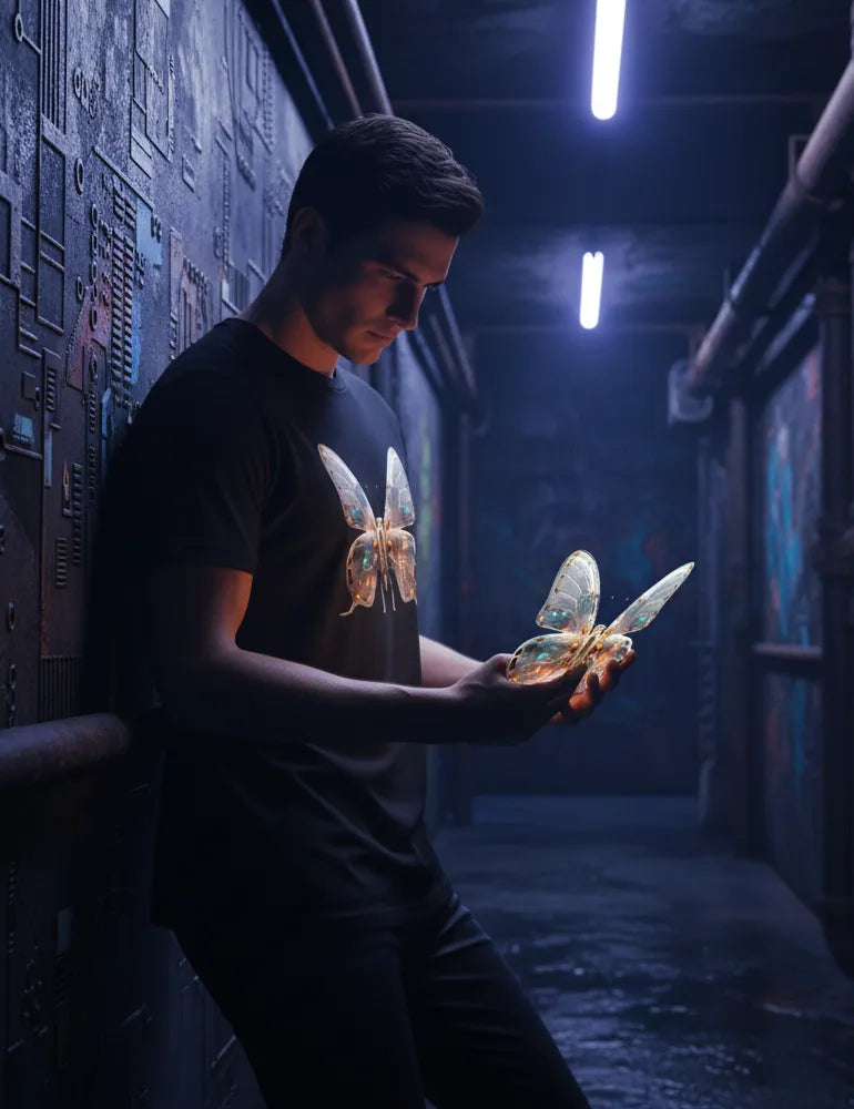 Mecha Morpho No. 03 - Unisex Liquid Chrome & Glass Circuit Butterfly Tee | Ryu Tanaka Signature Series image 4