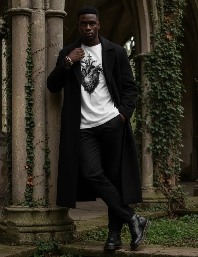 Sacred Heart No. 05 - Unisex Flaming Heart & Daggers Woodcut Tee | Seraphina Black Signature Series image 5
