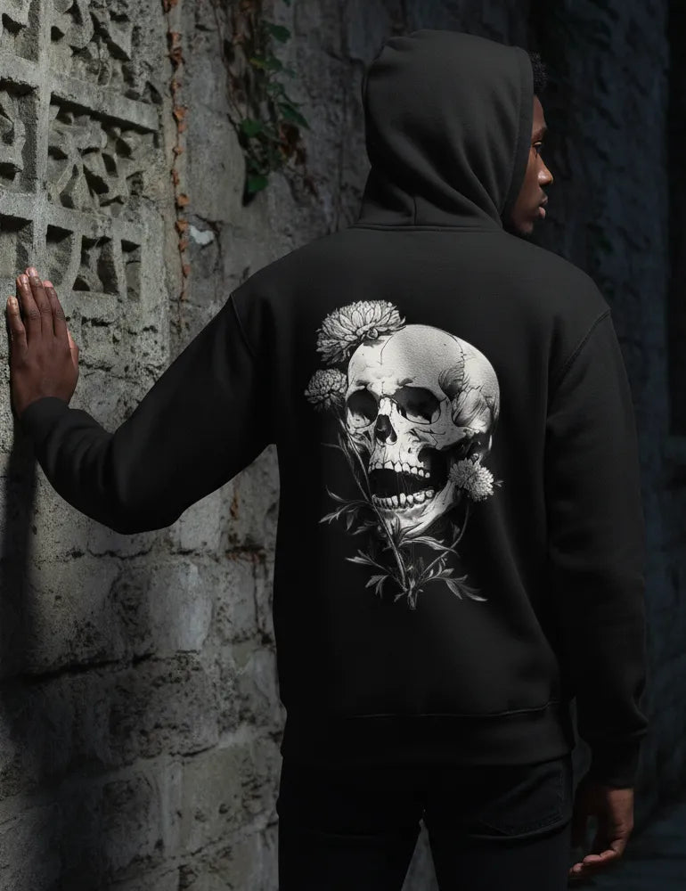Deadly Flora No. 07 - Poisonous Bloom & Antique Skull Back Print Hoodie | Seraphina Black Signature Series image 2