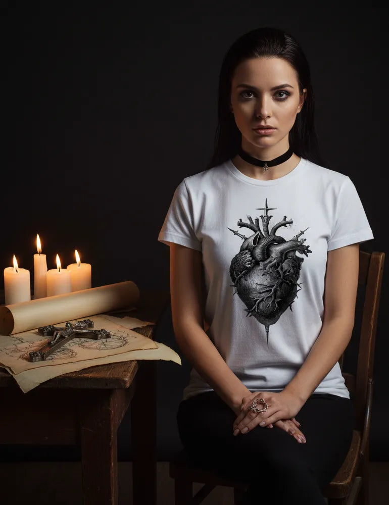 Sacred Heart No. 05 - Unisex Flaming Heart & Daggers Woodcut Tee | Seraphina Black Signature Series image 4