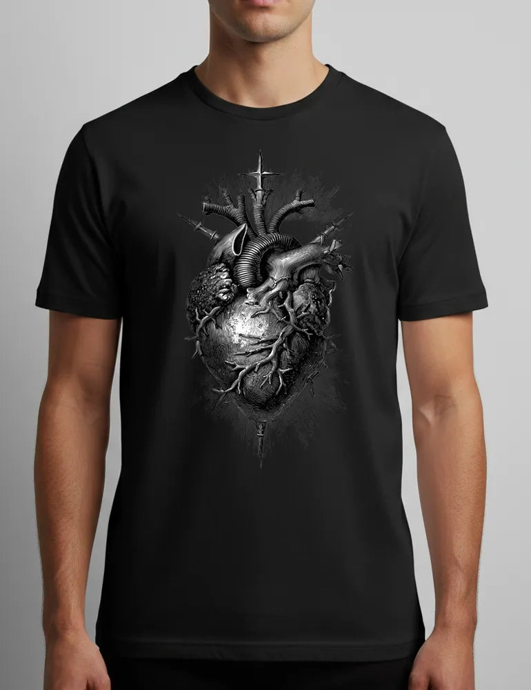 Sacred Heart No. 05 - Unisex Flaming Heart & Daggers Woodcut Tee | Seraphina Black Signature Series image 1