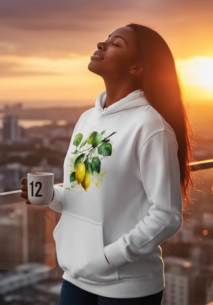 Citrus Solstice No. 11 - Fresh Mediterranean Watercolor Hoodie | Elara Vane Artist Series image 5