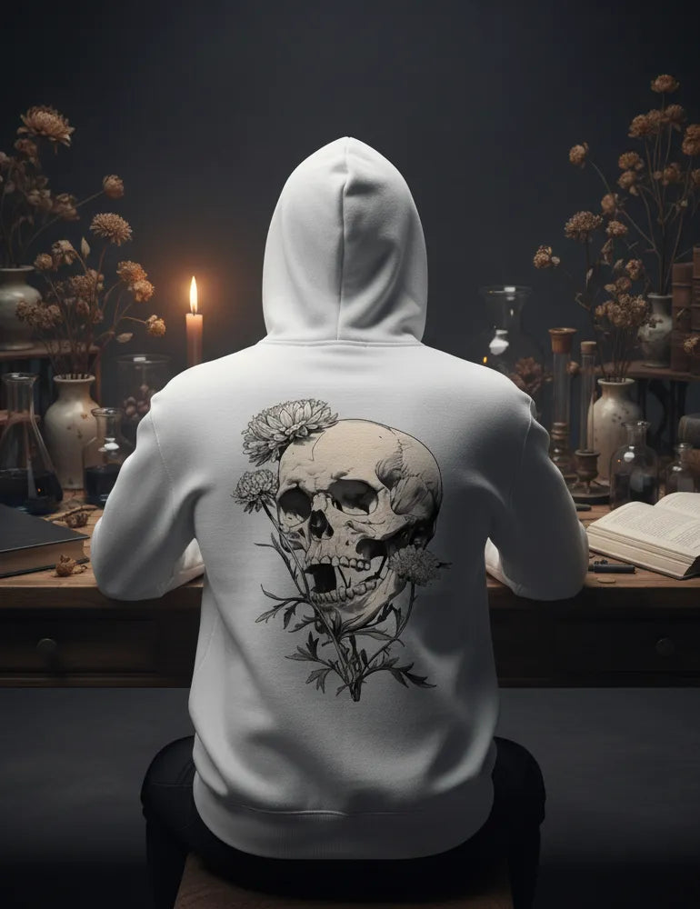 Deadly Flora No. 07 - Poisonous Bloom & Antique Skull Back Print Hoodie | Seraphina Black Signature Series image 3