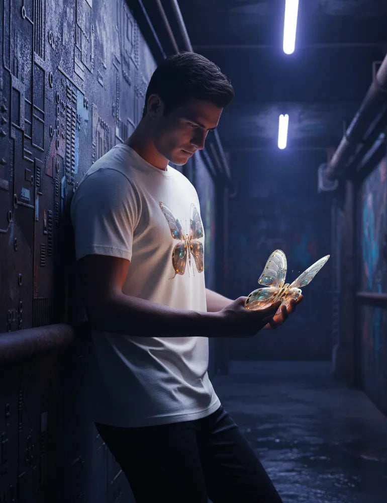 Mecha Morpho No. 03 - Unisex Liquid Chrome & Glass Circuit Butterfly Tee | Ryu Tanaka Signature Series image 5