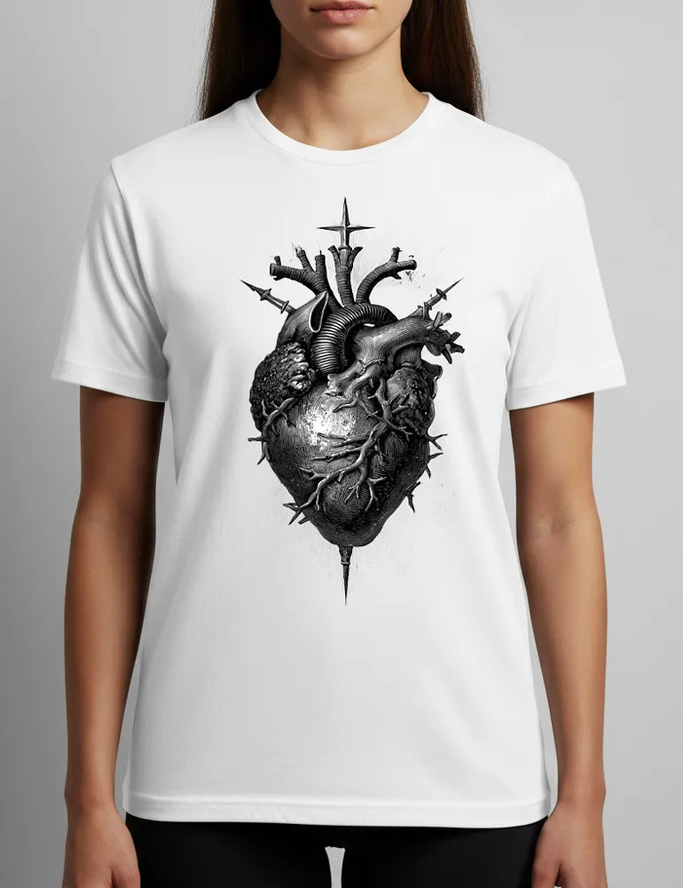 Sacred Heart No. 05 - Unisex Flaming Heart & Daggers Woodcut Tee | Seraphina Black Signature Series image 2