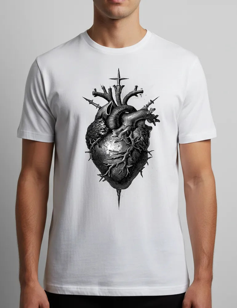 Sacred Heart No. 05 - Unisex Flaming Heart & Daggers Woodcut Tee | Seraphina Black Signature Series image 0