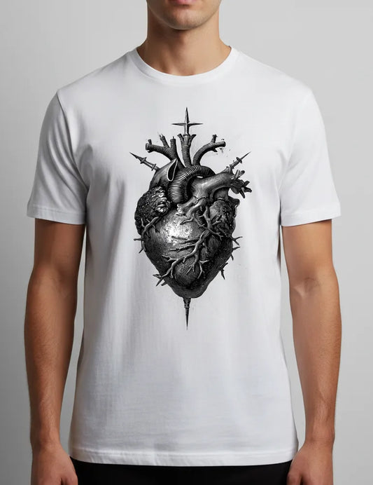 Sacred Heart No. 05 - Unisex Flaming Heart & Daggers Woodcut Tee | Seraphina Black Signature Series image 0